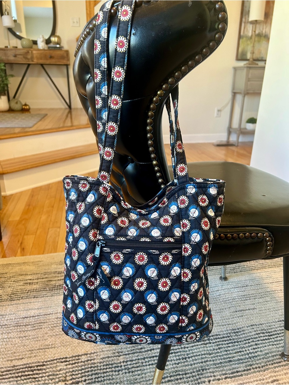 Vera Bradley Night Owl Quilted Tote Bag Owl Daisy Floral Blue Black
